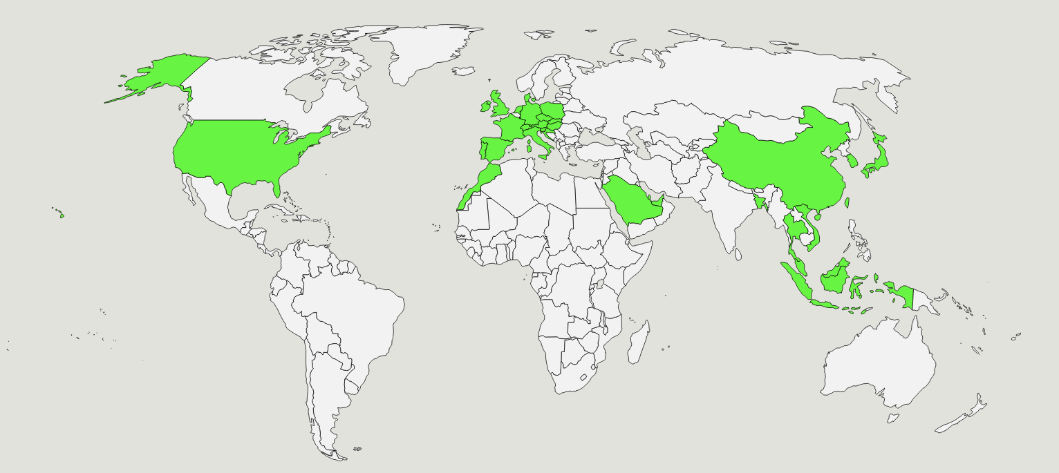 World map showing 40 countries I've visited